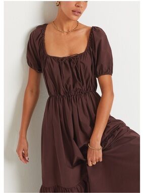 NWOT Matteau Women's Chocolate Brown Puff-Sleeve Maxi Dress